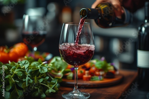 A hand delicately pours red wine into a tall stemware glass, evoking the indulgent pleasure of an indoor wine tasting surrounded by lush plants and elegant barware
