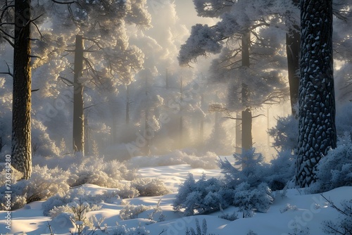 Sunlight filters through the dense pine trees of a winter forest, casting golden rays upon the snowy underbrush and highlighting the serene beauty of the tranquil woodland landscape in the early morni