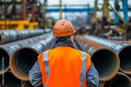 The engineer with safety helmet stands in the center of the picture, looking at the large pipe, maintenance system of a huge factory