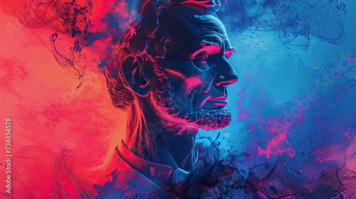 Abstract double exposure portrait of Abraham Lincoln and smoke effect on blue and red color of USA flag - AI Generated Abstract Art