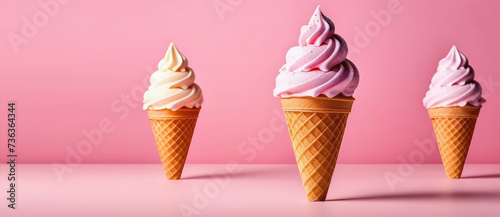 Three waffle cones with pink ice cream. Ice cream wrapped in a spiral on a pink background. Sweet dessert. Advertising banner concept. Copy space