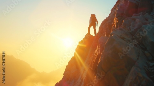 person on top of the mountain with morning light. focus on the goal