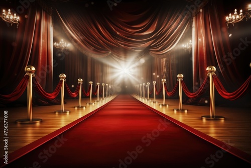 Red carpet rolling out in front of glamorous movie Presentation, Red carpet with golden stanchions on dark background. 3D Rendering,AI generated