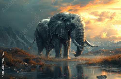A majestic indian elephant gazes at the serene landscape, its massive tusks framing the cloud-streaked sky as it stands proudly in front of the tranquil waters, a symbol of the powerful yet gentle sp