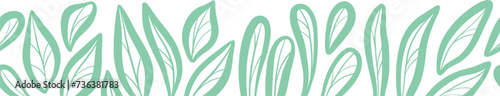 Seamless repeating leaf border, hand drawn foliage banner design, green leaves vector art
