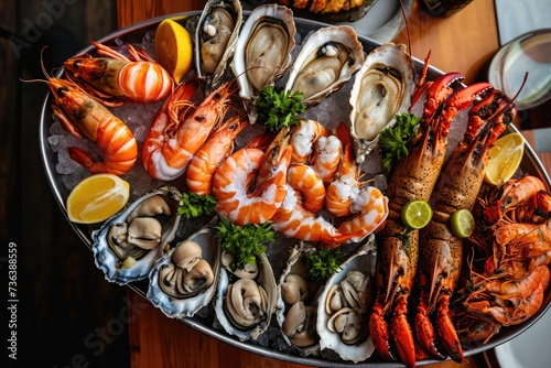 A colorful platter displaying a variety of fresh seafood and oysters arranged on a table, Aerial view of a lavish seafood platter, AI Generated