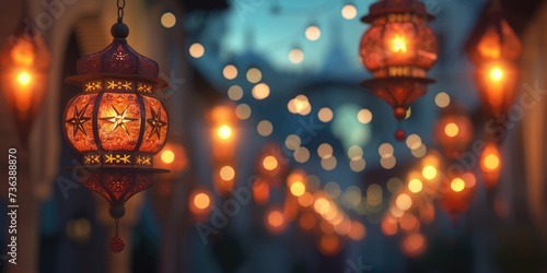 Islamic holiday banner with ramadan lanterns at night.
