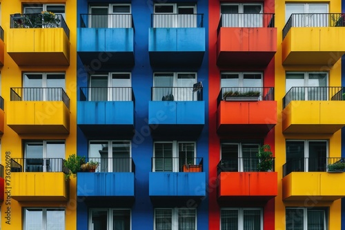 A vibrant, multicolored building with numerous balconies stands tall in a bustling urban environment, An apartment complex in the city with colorful, symmetrical balconies, AI Generated