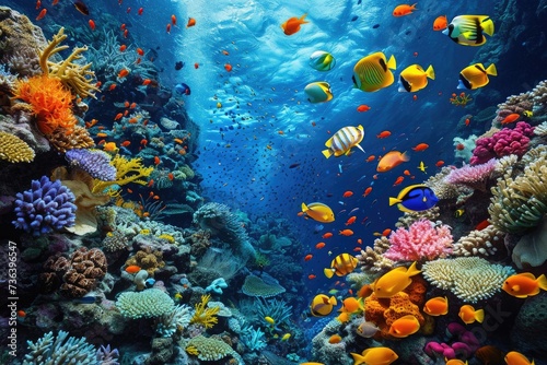 A vibrant and bustling scene as numerous fish swim over a diverse and colorful coral reef ecosystem, An array of vivid and diverse marine life in a warm, tropical ocean, AI Generated