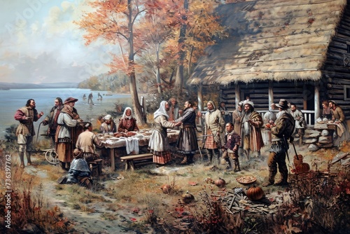 A group of people gather around a decorated table, engaging in conversation and enjoying a meal together, An artistic representation of the first Thanksgiving, AI Generated