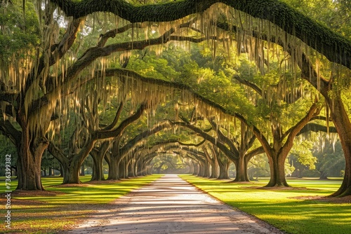 A picturesque road stretching through a forest with lush trees covered in Spanish moss, An awe-inspiring tree alley draped with Spanish moss in a southern park, AI Generated