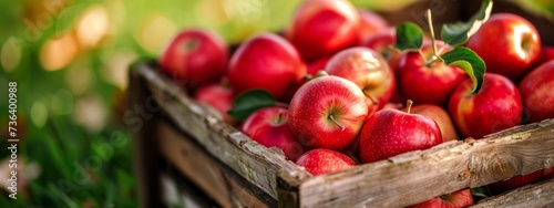  red apples in a wooden box in the garden