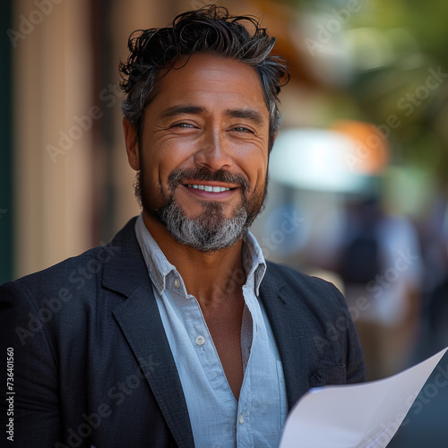 Attractive Latino businessman holding documents in his hands with a happy smile and a bearded head.
