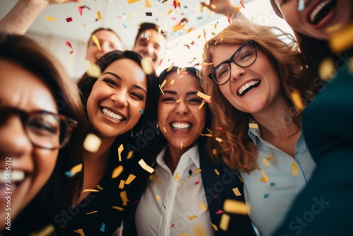 Celebration in office party diverse employees men women colleagues having fun meeting smiling festivity corporate event businessman teamwork confetti celebrating business achievements cooperation