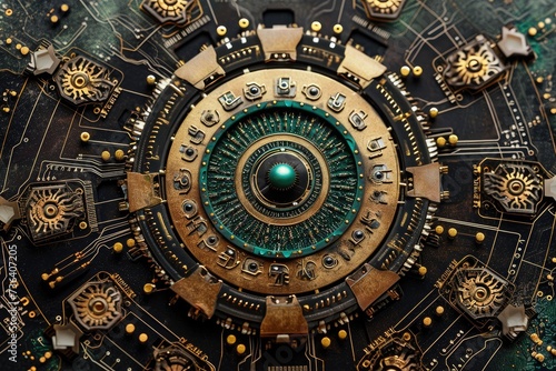 Close-up of Clock With Green Center, An information technology-themed mandala depicting motifs of computer hardware, AI Generated