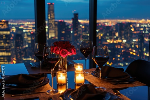 Dining Table Overlooking Nighttime Cityscape, An intimate, candlelit dinner setting with a panoramic view of a city skyline at night, AI Generated