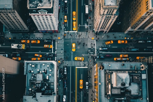 An overhead perspective of a bustling city street with multiple yellow taxis in motion, An overhead view of an electric taxi in a busy city, AI Generated