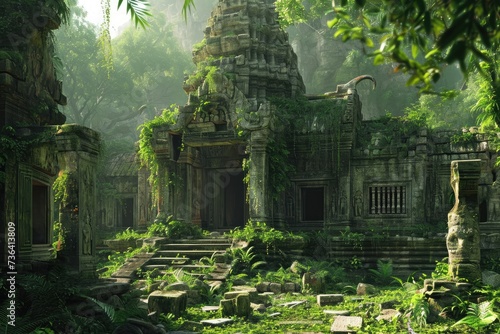 The remnants of a once majestic Mayan temple, now taken over by nature, stand tall in the dense jungle, Ancient ruins overtaken by a jungle, AI Generated