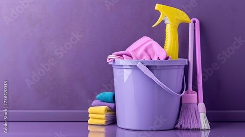 Home cleaning essentials ready for tidy up. purple bucket with mop and detergents. household chores concept with copy space. AI