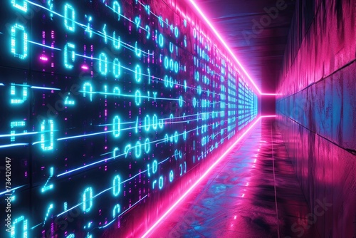 A tunnel adorned with numerous numbers, creating a captivating visual display, Binary code in glowing neon graffiti style, AI Generated