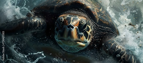 Majestic sea turtle swimming in ocean waves. wildlife portrait, marine beauty. nature photography style. aquatic animal. AI