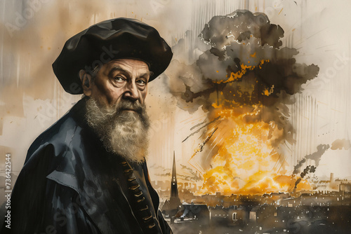 Watercolor Illustration Prophetic Vision of Nostradamus with Nuclear Explosion in the Background. Generative AI image. 