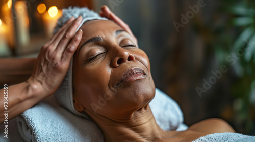 Elderly black woman enjoying facial massage at spa salon