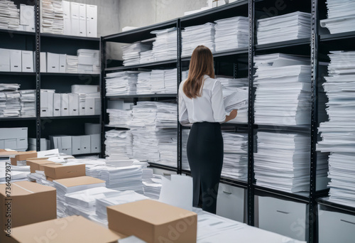 Woman archiving paper documents at office. Stacks of papers, documents and folders in the background