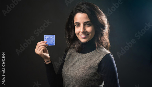 Young girl shows a condom isolated on black background. Safe sex, prevention and sexual education concept
