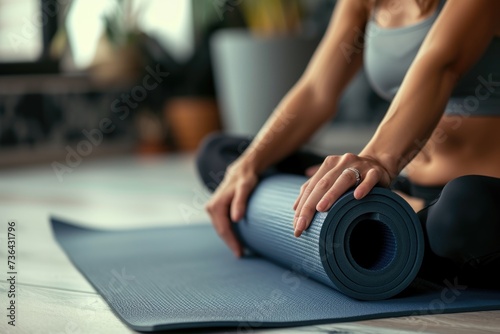 Close up young woman rolling yoga mat at home