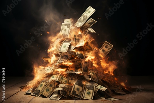 Flaming Pile dollars burning. Flame debt. Generate Ai