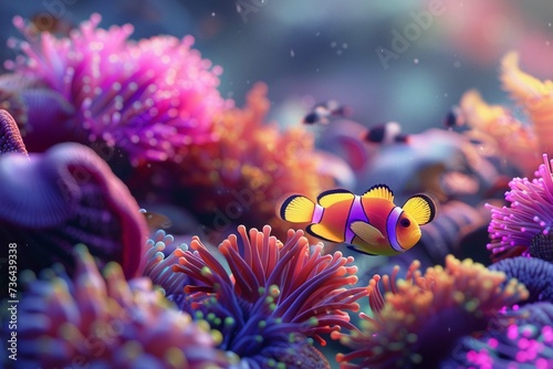 A close up of a colorful tropical fish swimming in a coral reef, surrounded by vibrant coral and sea anemones