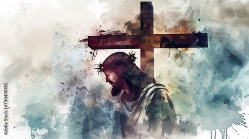 Jesus Carrying the Cross in Digital Watercolor Art Generative AI