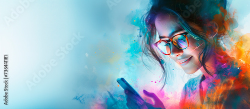 Banner illustration of Portrait of young man with glasses entertaining with mobile
