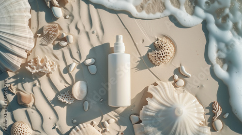 blank white bottle cosmetic skincare makeup containers for product presentation on white sand beach