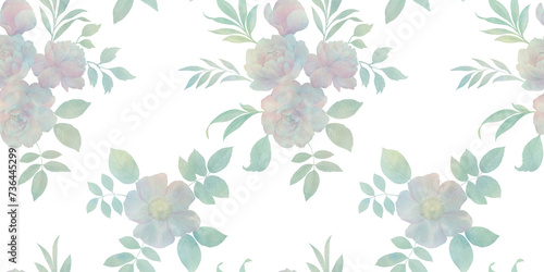 watercolor bouquets of flowers, seamless pattern, abstract background of flowers and leaves, peonies and roses, for wallpaper printing, wrapping paper, cards