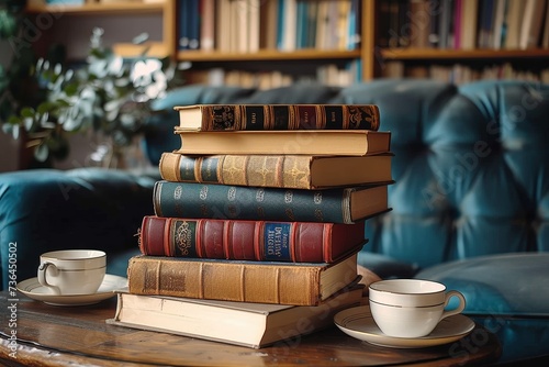 A cozy indoor scene with a stack of books on a table, surrounded by furniture and shelving filled with porcelain tableware, as a coffee cup sits atop a saucer next to the bookcase
