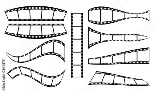 35mm film strip set in 3d vector design with 5 frames on white background. Black film reel symbol illustration collection to use in photography, television, cinema, travel, photo frame. 