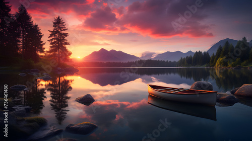 Sunset at the lake in Banff National Park, Alberta, Canada, Beautiful lake landscape view with green trees, mountains, and sunset,, Fishing boat rests peacefully on a serene lake board mast frigate fe