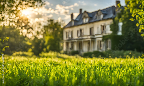 Green grass in a wide meadow, country house in the background, artistically blurred