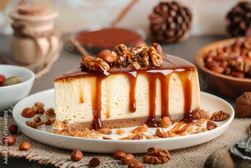 Indulge in the decadent combination of rich chocolate syrup and crunchy nuts drizzled over a luscious slice of cheesecake, beautifully presented on a delicate plate, creating a sweet and satisfying t