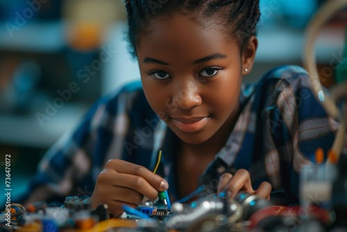 A determined young woman meticulously repairs a circuit board, her focused expression mirroring the intricate components she works with