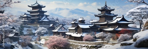 A scenic winter landscape covered in snow, featuring traditional pagodas.