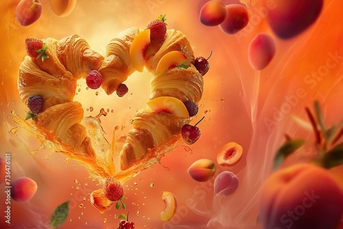 The image showcases a heart-shaped arrangement made of golden croissants, with halves of juicy strawberries, plump raspberries, and a splash of what appears to be orange juice, all against a warm, ora