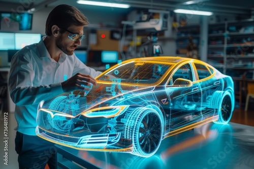 A man marvels at the advanced automotive design of a holographic car, surrounded by the machinery of a bustling factory at an auto show, dressed in sleek clothing as he imagines himself behind the wh