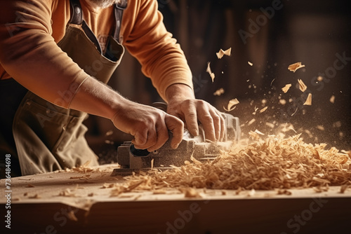 Schreiner arbeitet in der Schreinerei mit Holz, Holzspäne fliegen beim hobeln durch die Luft, Nahaufnahme Hände mit Hobel