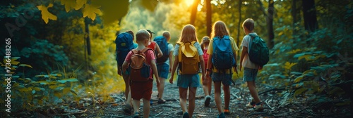 Children with backpacks walking through the forest, school camping trip in the forest