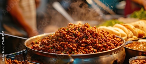 Spicy minced meat dish served with bread at an Indian Ramadan street market in Bengaluru during Iftar party.