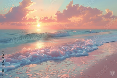 beach at sunrise, with gentle waves lapping against the shore and sky with pastel colors