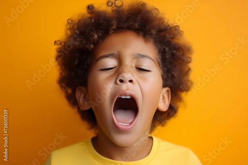 listening to a song artist, black curly haired boy in t shirt screaming and crying or very emotional expression sings songs on audition with opened mouth and closed eyes against orange color wall